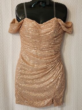 Champagne Color Sequin Off-Shoulder Ruched Party Dress Size 2